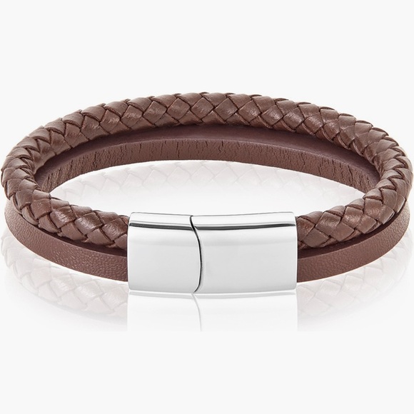 Adornia Leather Braided Combo Bracelet Brown + Silver - Picture 1 of 2